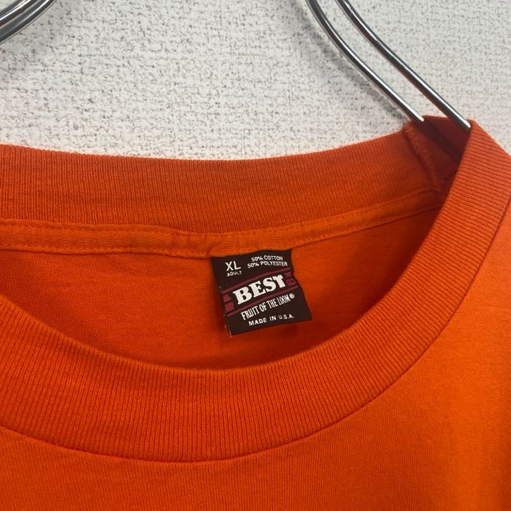 古着 used　半袖プリントTシャツ　レトロデザイン　クルーネック　シングルステッチ　ヴィンテージ　90s　オレンジ　XLサイズ
