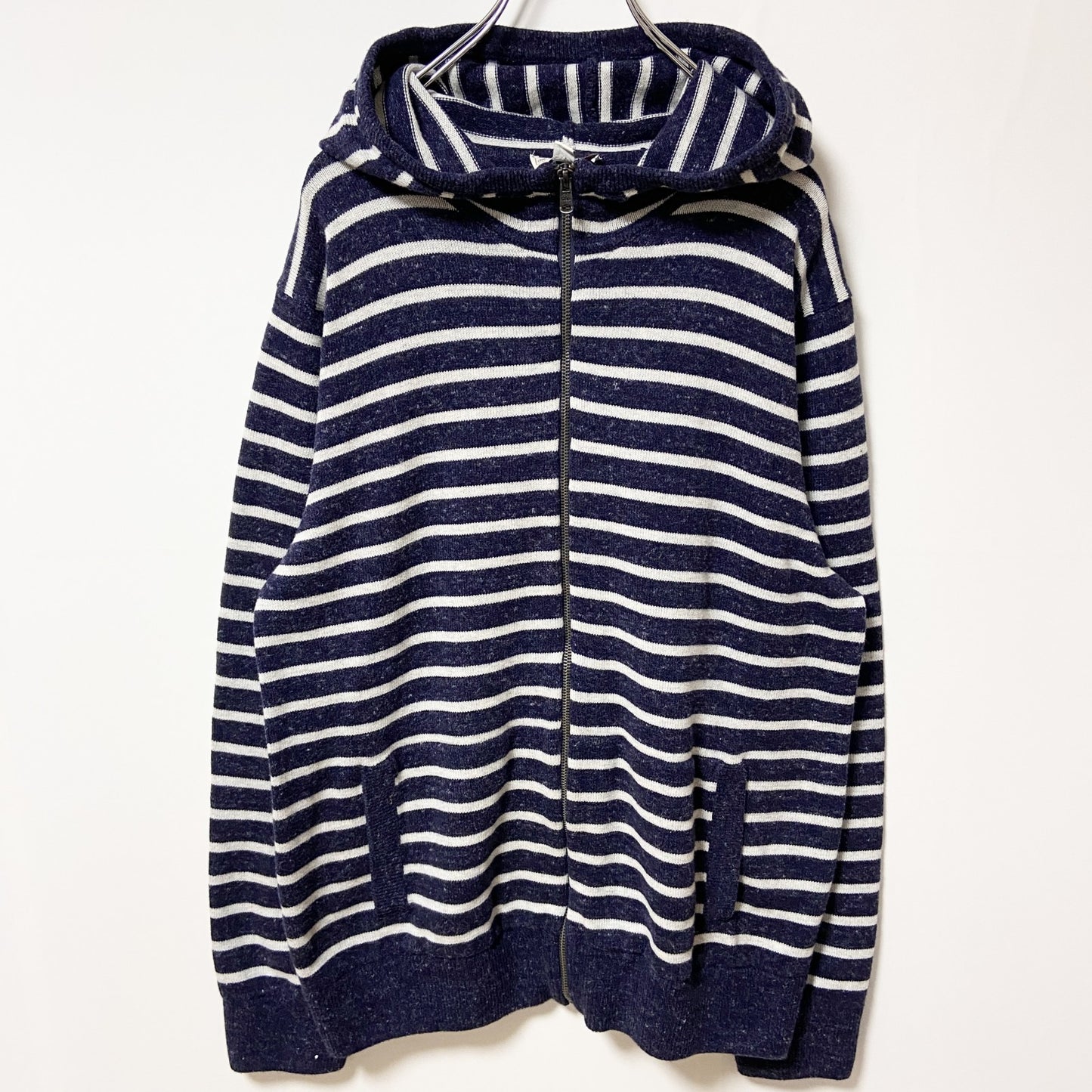 古着 used　GAP ギャップ　長袖フルジップニットパーカー　フード付きセーター　ボーダー　XXLサイズ