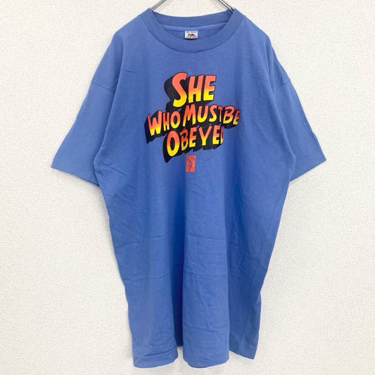 古着 used　半袖プリントTシャツ　レトロデザイン　シングルステッチ　クルーネック　ヴィンテージ　青　ブルー　XLサイズ