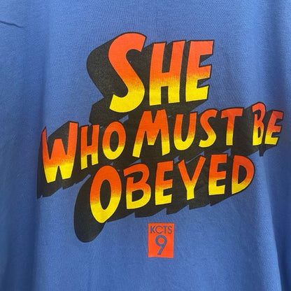 古着 used　半袖プリントTシャツ　レトロデザイン　シングルステッチ　クルーネック　ヴィンテージ　青　ブルー　XLサイズ