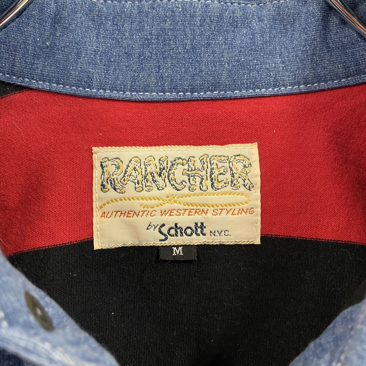 ～90s　Schott　ショット　RANCHER　ウエスタンシャツ　長袖シャツ　ボーダー　レッド　インディゴ　Mサイズ