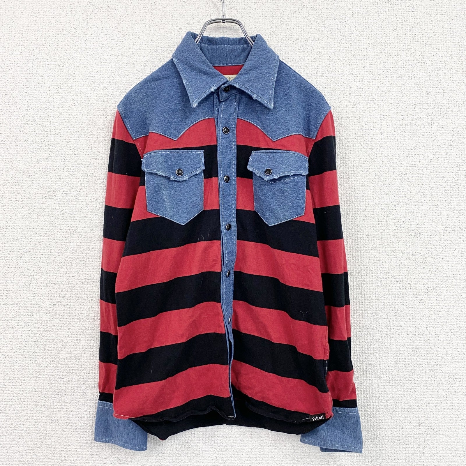 ～90s　Schott　ショット　RANCHER　ウエスタンシャツ　長袖シャツ　ボーダー　レッド　インディゴ　Mサイズ