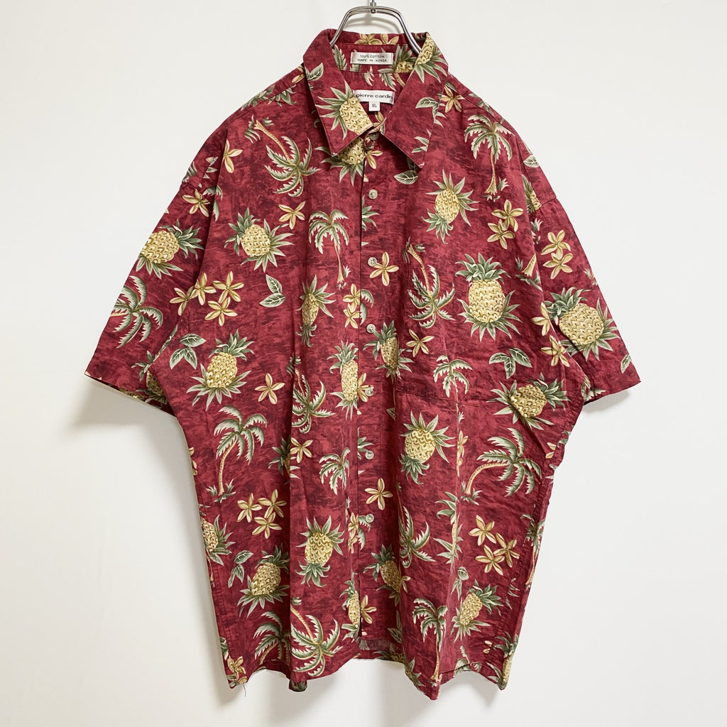 古着 used　pierrecardin　半袖総柄シャツ　アロハシャツ　パイナップル　ヤシの木　赤　コットン100％　XLサイズ