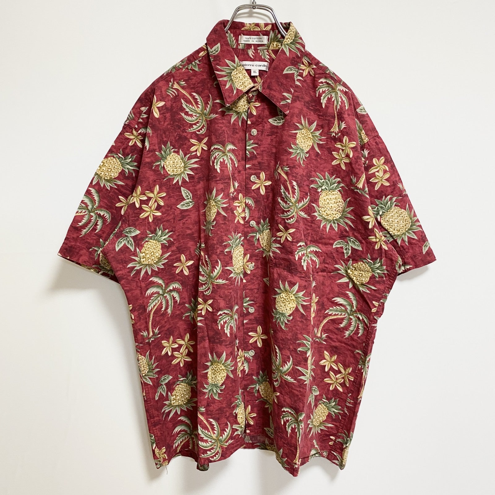 古着 used　pierrecardin　半袖総柄シャツ　アロハシャツ　パイナップル　ヤシの木　赤　コットン100％　XLサイズ