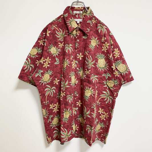 古着 used　pierrecardin　半袖総柄シャツ　アロハシャツ　パイナップル　ヤシの木　赤　コットン100％　XLサイズ