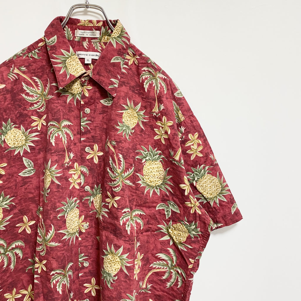 古着 used　pierrecardin　半袖総柄シャツ　アロハシャツ　パイナップル　ヤシの木　赤　コットン100％　XLサイズ