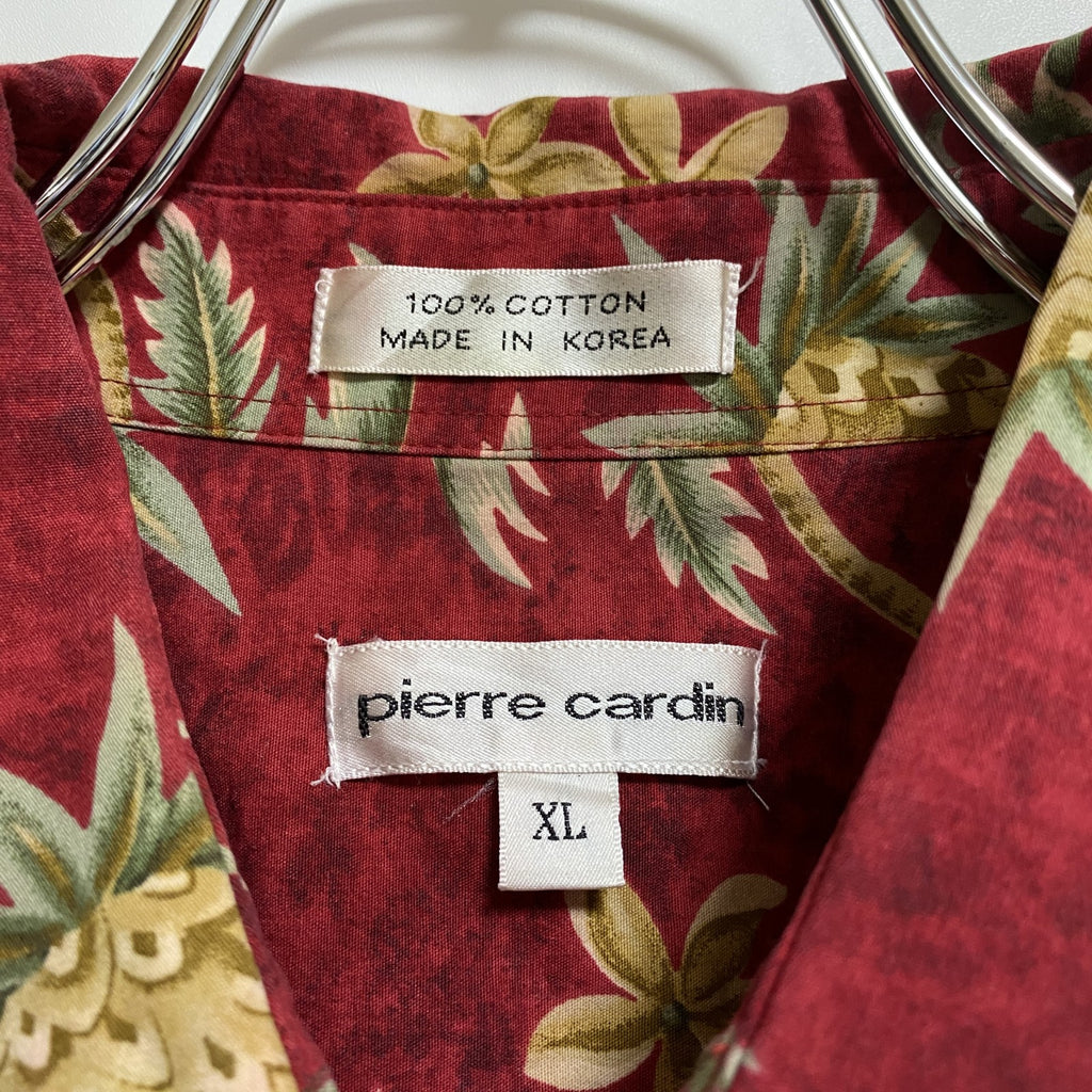 古着 used　pierrecardin　半袖総柄シャツ　アロハシャツ　パイナップル　ヤシの木　赤　コットン100％　XLサイズ