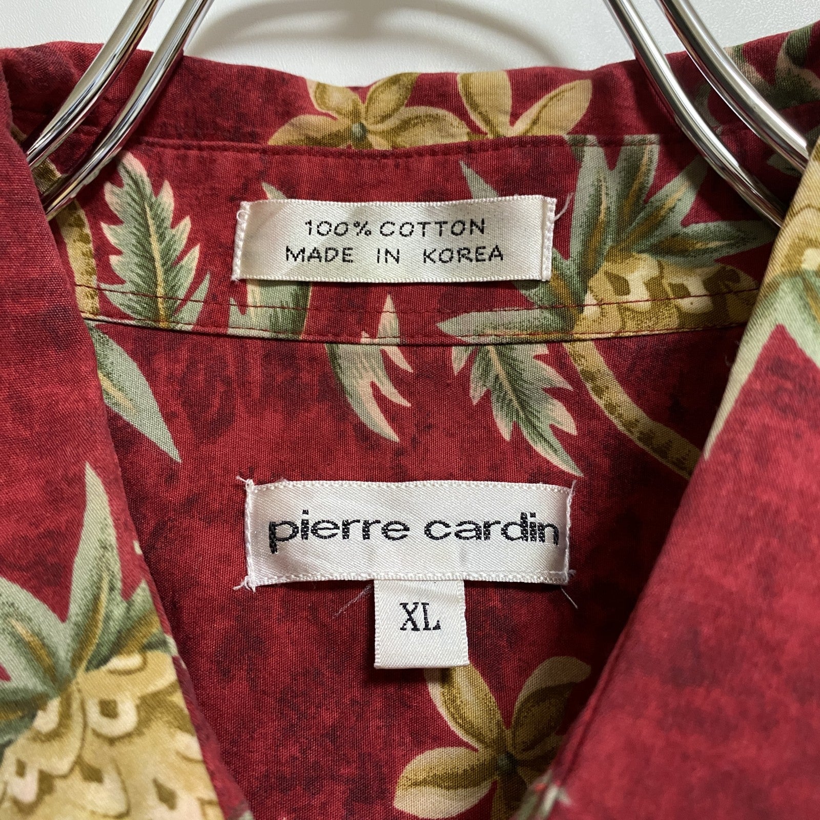 古着 used　pierrecardin　半袖総柄シャツ　アロハシャツ　パイナップル　ヤシの木　赤　コットン100％　XLサイズ