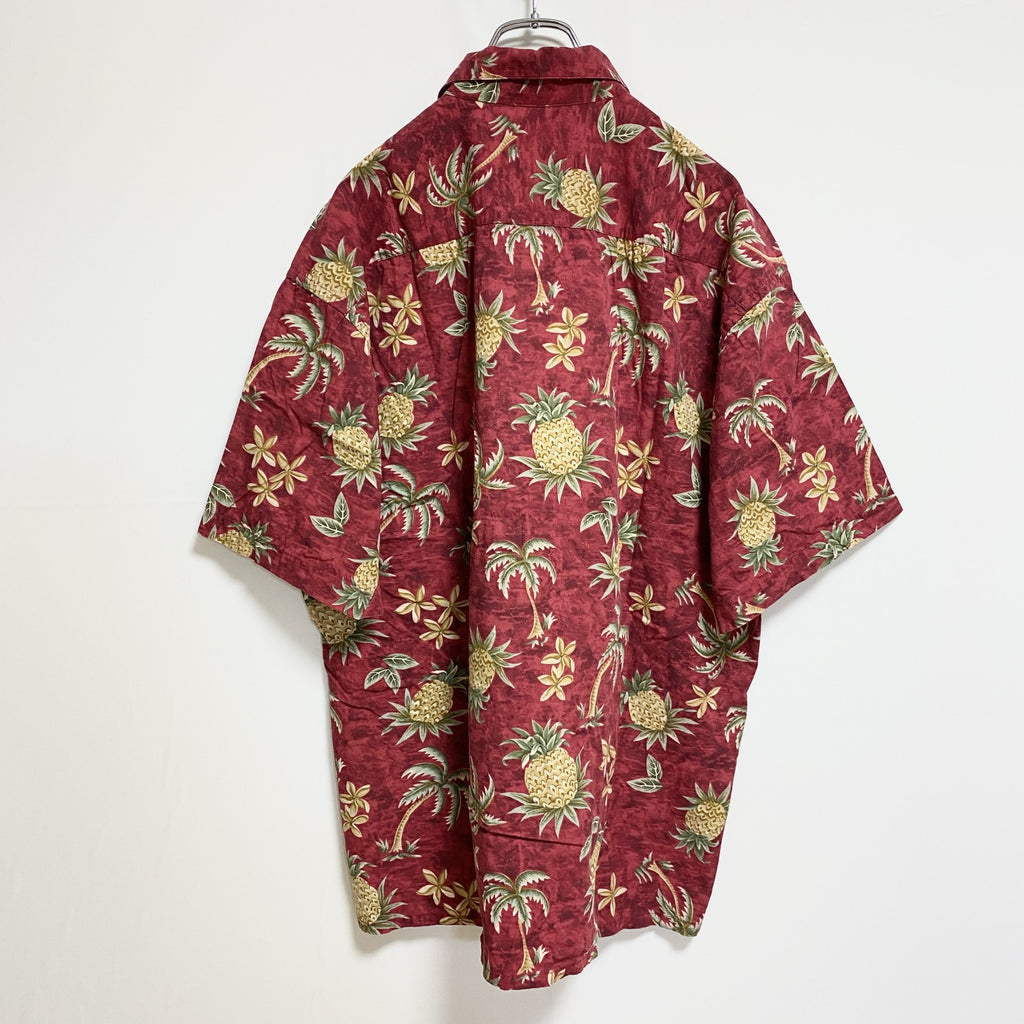 古着 used　pierrecardin　半袖総柄シャツ　アロハシャツ　パイナップル　ヤシの木　赤　コットン100％　XLサイズ
