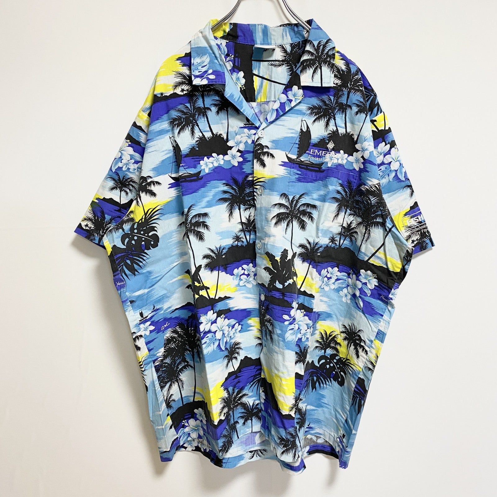 古着 used　ハワイ製　JadeFashions　半袖開襟アロハシャツ　水色　青　レトロ　ビッグシルエット　2XLサイズ