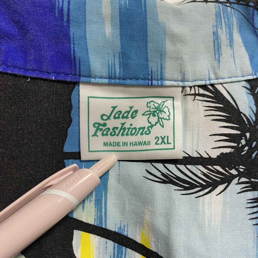 古着 used　ハワイ製　JadeFashions　半袖開襟アロハシャツ　水色　青　レトロ　ビッグシルエット　2XLサイズ