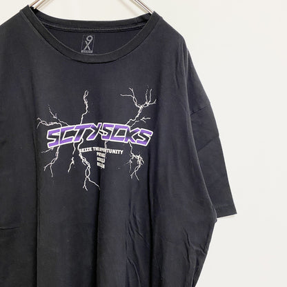 古着 used　SOCIETY　半袖ロゴプリントTシャツ　黒　ブラック　稲妻　雷　レトロデザイン　ビッグシルエット　3XLサイズ