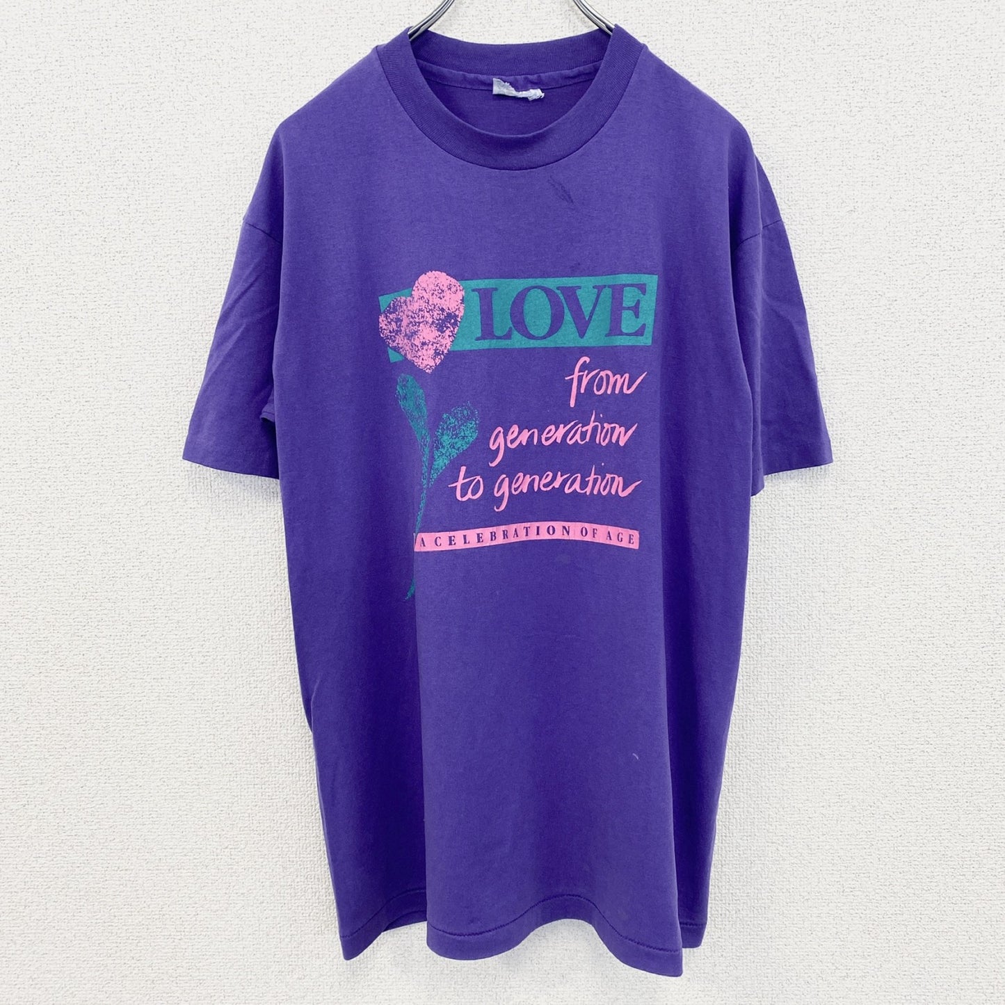 古着 used　90s　ヴィンテージ　半袖プリントTシャツ　紫　パープル　ハート　シングルステッチ　レトロデザイン