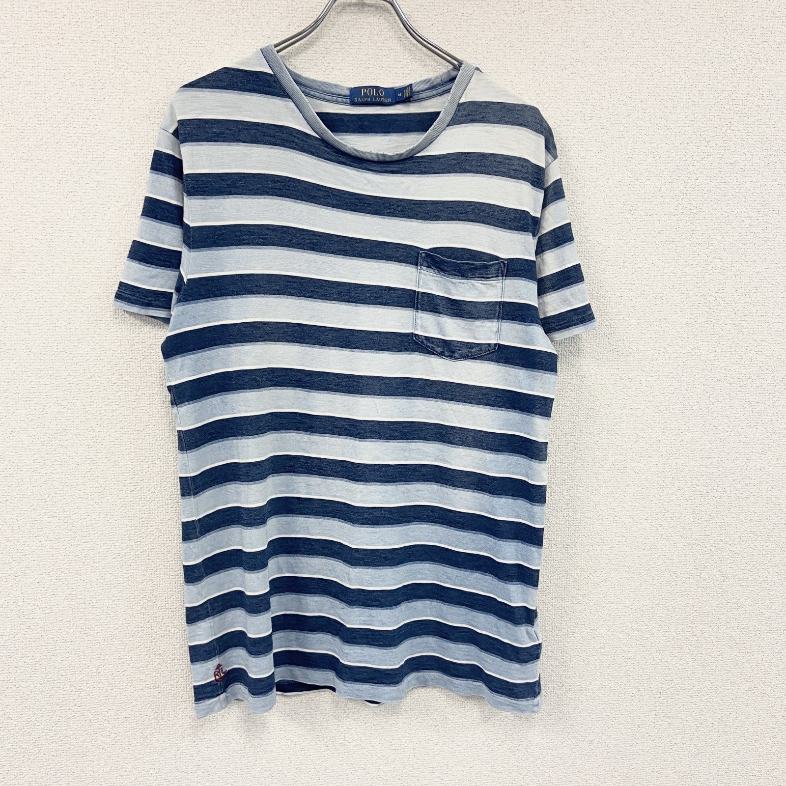 POLO RALPH LAUREN　ラルフローレン　半袖プリントTシャツ　ボーダー柄　水色　ライトブルー　紺　ネイビー　Mサイズ