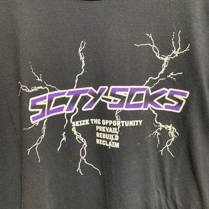 古着 used　SOCIETY　半袖ロゴプリントTシャツ　黒　ブラック　稲妻　雷　レトロデザイン　ビッグシルエット　3XLサイズ