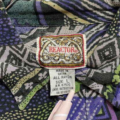 古着 used　REACTOR　半袖総柄シャツ　レーヨンシャツ　マルチカラー　幾何学模様　レトロデザイン　個性的　Lサイズ