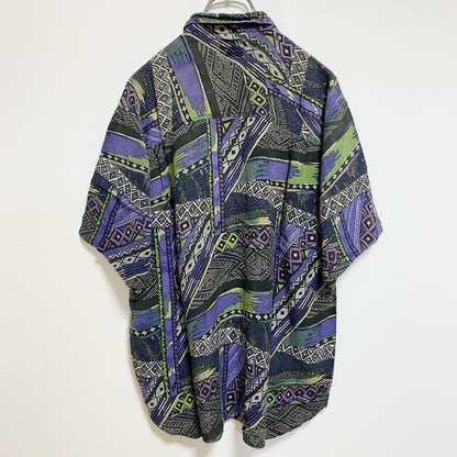 古着 used　REACTOR　半袖総柄シャツ　レーヨンシャツ　マルチカラー　幾何学模様　レトロデザイン　個性的　Lサイズ