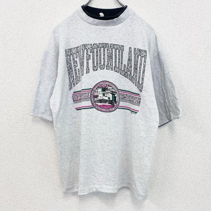 古着 used　90s　ヴィンテージ　半袖プリントTシャツ　カレッジ風　　灰色　ライトグレー　ニューファンドランド　Lサイズ