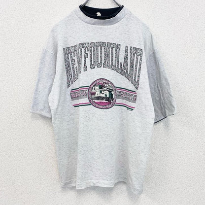 古着 used　90s　ヴィンテージ　半袖プリントTシャツ　カレッジ風　　灰色　ライトグレー　ニューファンドランド　Lサイズ