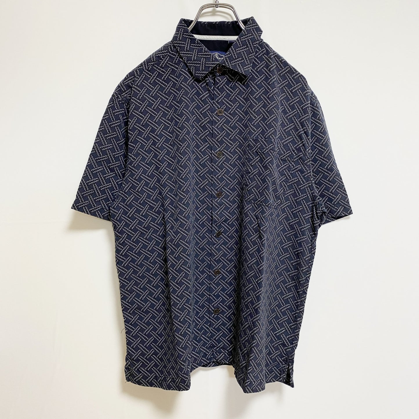 古着 used　NatNast　ナットナスト　半袖総柄シャツ　シルクシャツ　ネイビー　レトロデザイン　ノームコア　Mサイズ