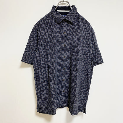 古着 used　NatNast　ナットナスト　半袖総柄シャツ　シルクシャツ　ネイビー　レトロデザイン　ノームコア　Mサイズ
