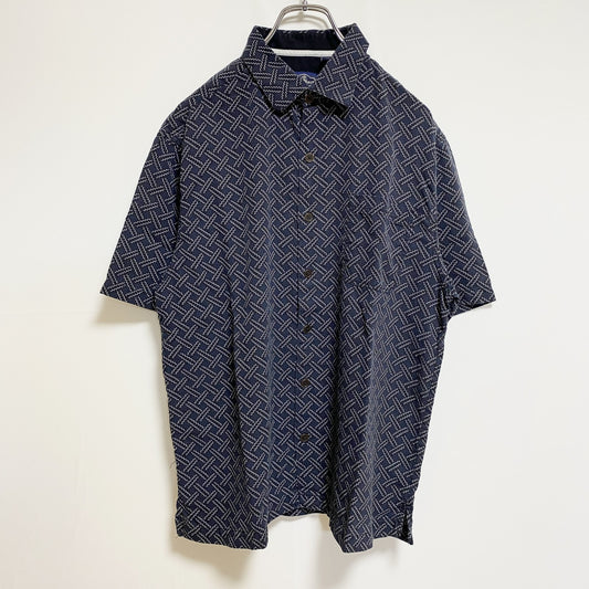 古着 used　NatNast　ナットナスト　半袖総柄シャツ　シルクシャツ　ネイビー　レトロデザイン　ノームコア　Mサイズ