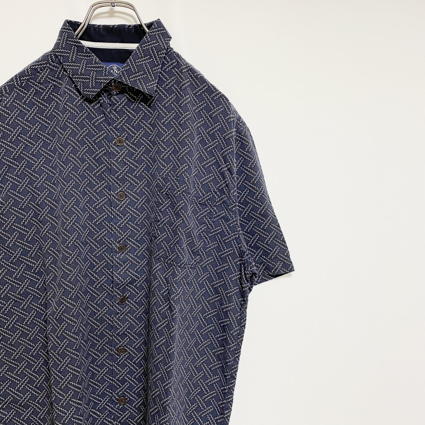 古着 used　NatNast　ナットナスト　半袖総柄シャツ　シルクシャツ　ネイビー　レトロデザイン　ノームコア　Mサイズ