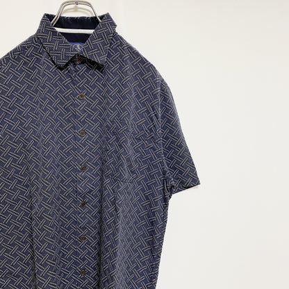 古着 used　NatNast　ナットナスト　半袖総柄シャツ　シルクシャツ　ネイビー　レトロデザイン　ノームコア　Mサイズ