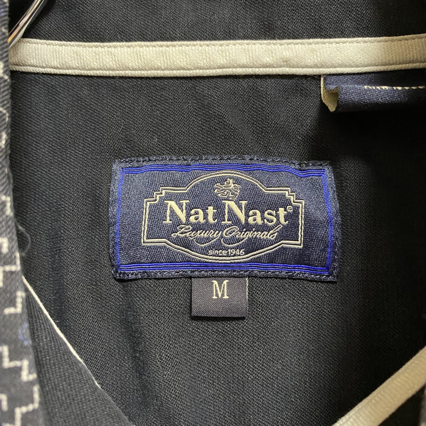 古着 used　NatNast　ナットナスト　半袖総柄シャツ　シルクシャツ　ネイビー　レトロデザイン　ノームコア　Mサイズ