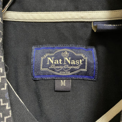 古着 used　NatNast　ナットナスト　半袖総柄シャツ　シルクシャツ　ネイビー　レトロデザイン　ノームコア　Mサイズ