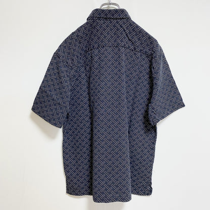 古着 used　NatNast　ナットナスト　半袖総柄シャツ　シルクシャツ　ネイビー　レトロデザイン　ノームコア　Mサイズ