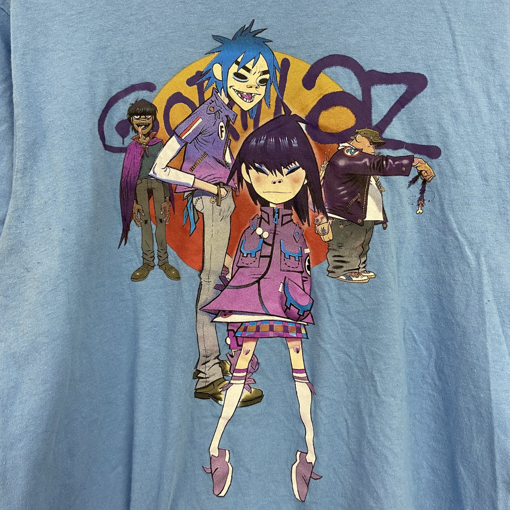古着 used　Gorillaz　ゴリラズ　半袖バンドプリントTシャツ　レトロデザイン　クルーネック　水色　ライトブルー　