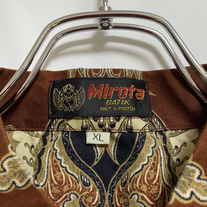古着 used　MirotaBATIK　半袖総柄シャツ　スカーフ柄　茶色　ブラウン　レトロデザイン　ビッグシルエット　XLサイズ