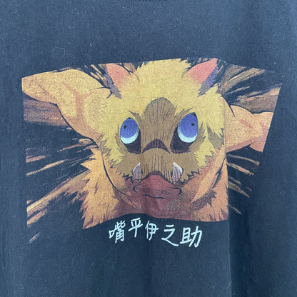 古着 used　鬼滅の刃　半袖アニメプリントTシャツ　レトロ　クルーネック　伊之助　いのすけ　黒　ブラック　2XLサイズ