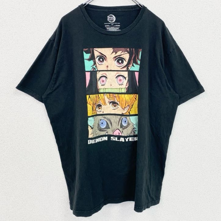 古着 used　鬼滅の刃　半袖アニメプリントTシャツ　レトロ　クルーネック　Demon Slayer　黒　ブラック　2XLサイズ