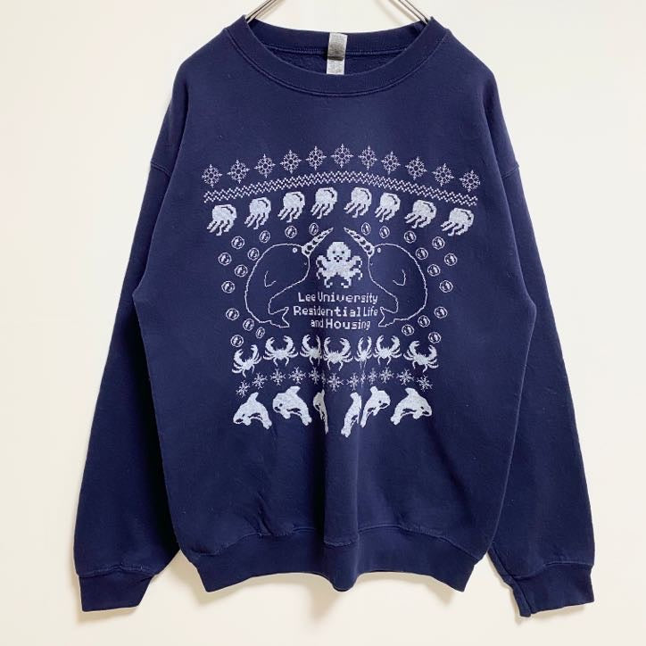 古着 used　GILDAN ギルダン　長袖カレッジプリントスウェット　トレーナー　リー大学　レトロデザイン　ネイビー　Mサイズ