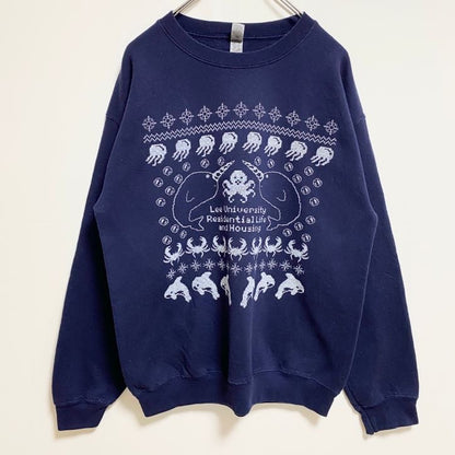 古着 used　GILDAN ギルダン　長袖カレッジプリントスウェット　トレーナー　リー大学　レトロデザイン　ネイビー　Mサイズ