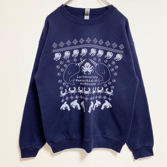 古着 used　GILDAN ギルダン　長袖カレッジプリントスウェット　トレーナー　リー大学　レトロデザイン　ネイビー　Mサイズ