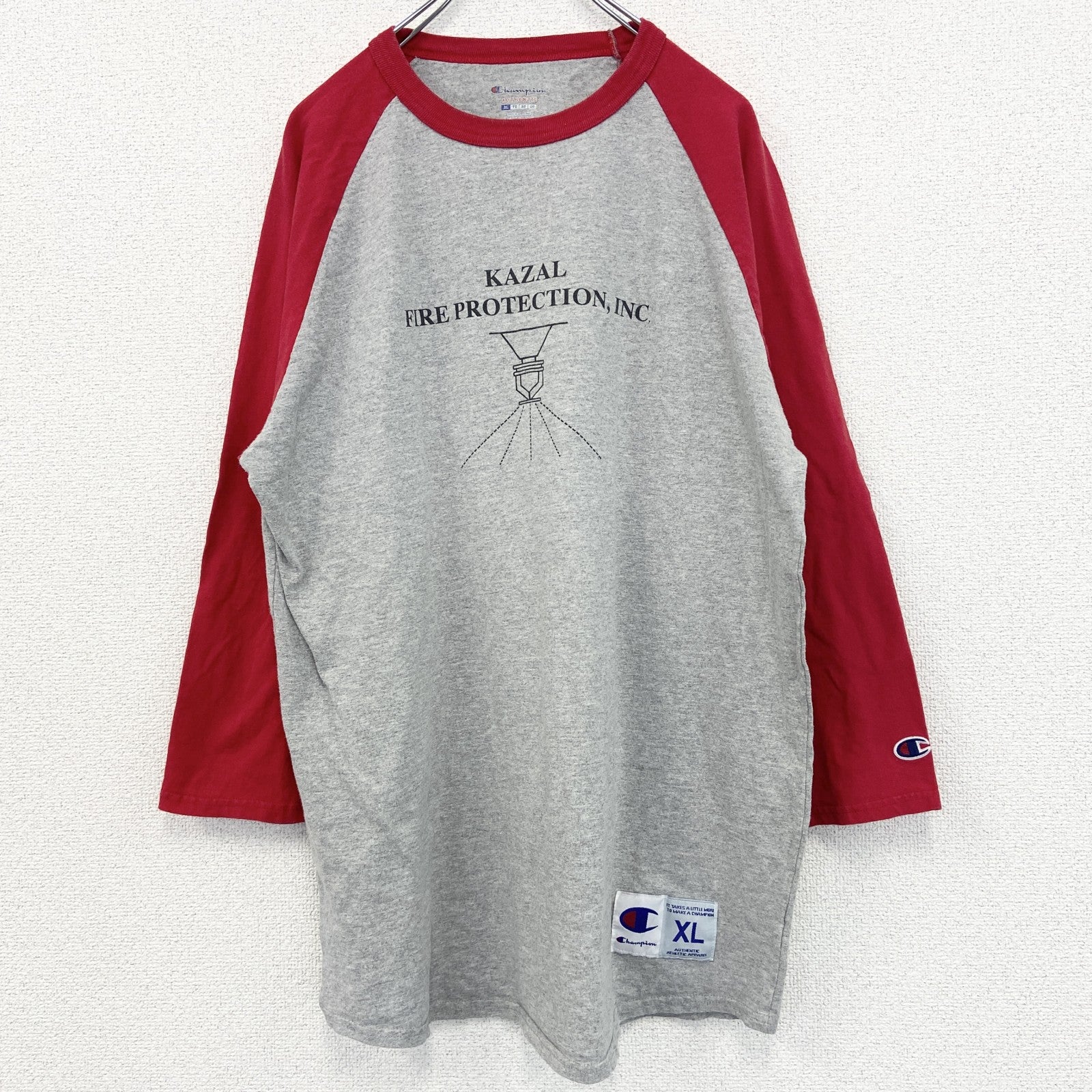古着 used　チャンピオン　ラグラン　長袖プリントTシャツ　両面プリント　赤　灰色　レッド　グレー　XLサイズ