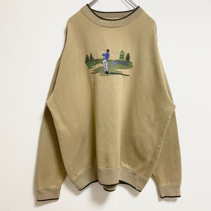 古着 used　M&CSPORT　長袖刺繍スウェット　トレーナー　ゴルフ　スポーツ　茶色　レトロ　ビッグシルエット　XLサイズ