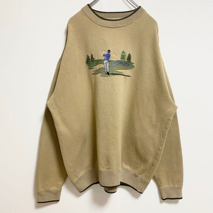 古着 used　M&CSPORT　長袖刺繍スウェット　トレーナー　ゴルフ　スポーツ　茶色　レトロ　ビッグシルエット　XLサイズ