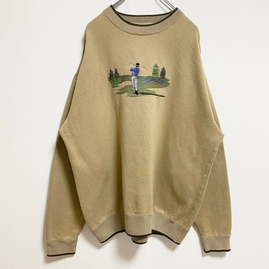 古着 used　M&CSPORT　長袖刺繍スウェット　トレーナー　ゴルフ　スポーツ　茶色　レトロ　ビッグシルエット　XLサイズ