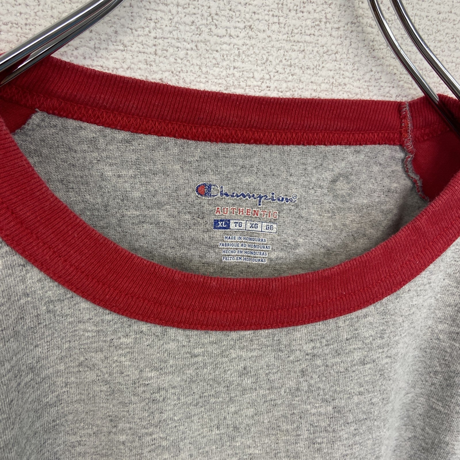 古着 used　チャンピオン　ラグラン　長袖プリントTシャツ　両面プリント　赤　灰色　レッド　グレー　XLサイズ