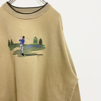 古着 used　M&CSPORT　長袖刺繍スウェット　トレーナー　ゴルフ　スポーツ　茶色　レトロ　ビッグシルエット　XLサイズ