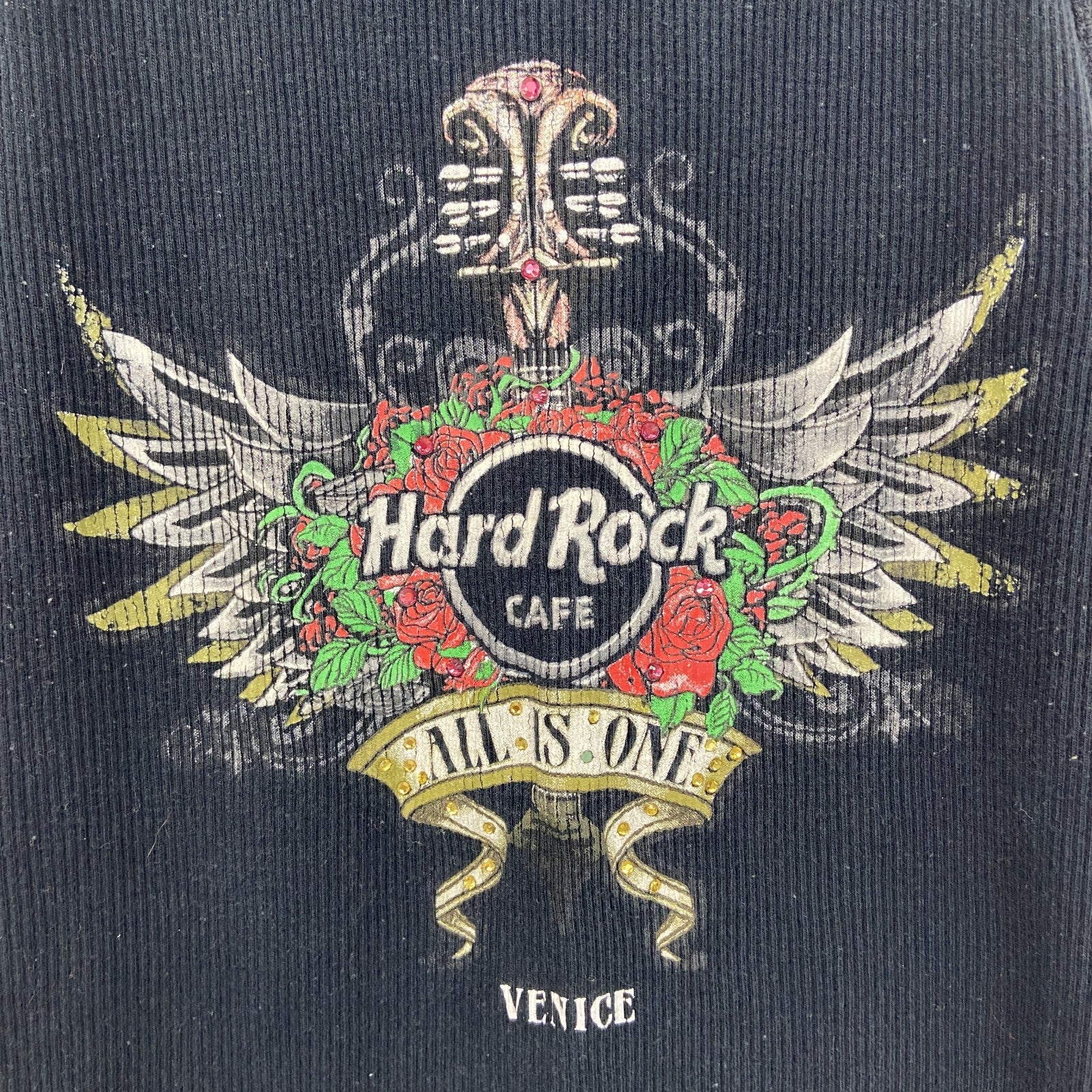 古着 used　半袖音楽タンクトップシャツ　ノースリーブ　ハードロックカフェ　100%コットン　黒　ブラック　Mサイズ