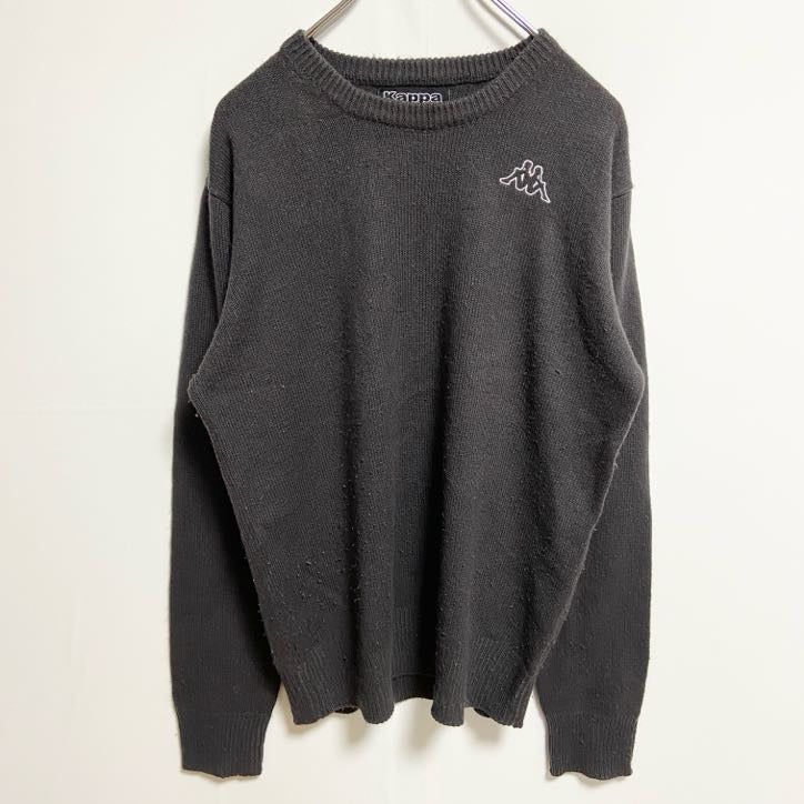 古着 used　Kappa カッパ　長袖ワンポイントロゴ刺繍ニット　セーター　ノームコア　シンプル　ダークグレー　Lサイズ