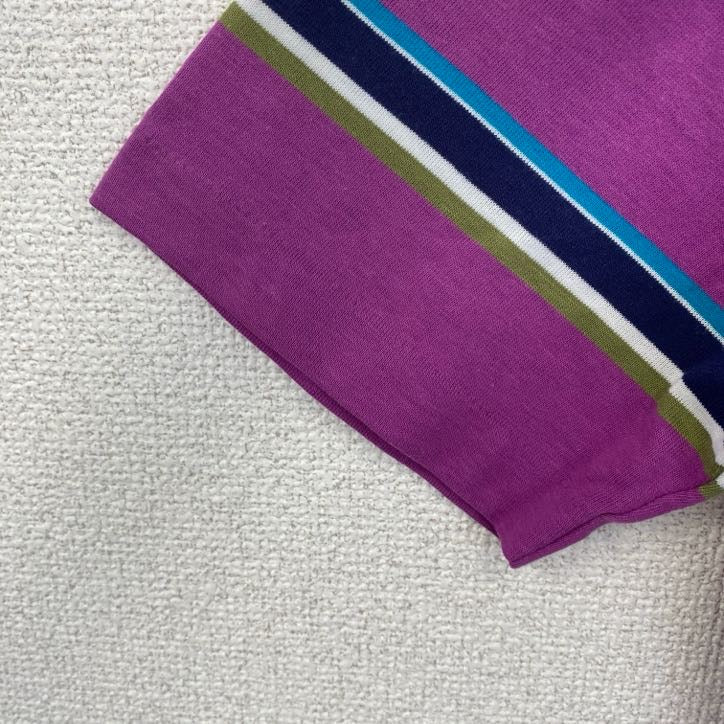 古着 used　ペンギンクラブ　半袖ポロシャツ　ストライプ　USA製　レトロデザイン　シングルステッチ　紫　パープル　Mサイズ