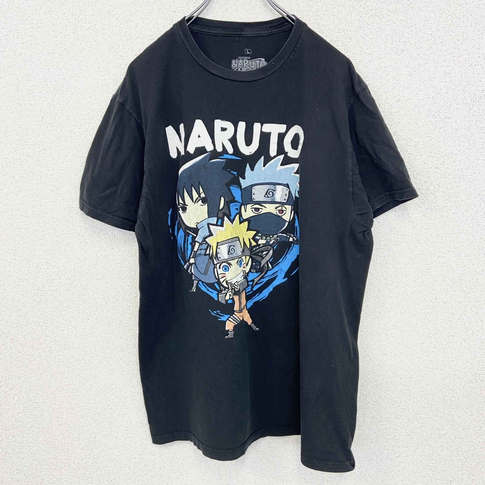 古着 used　半袖アニメプリントTシャツ　ナルト　サスケ　カカシ　黒　ブラック　クルーネック　レトロデザイン　Lサイズ