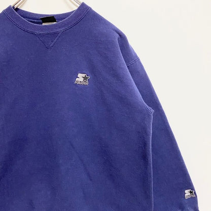 古着 used　STARTER スターター　長袖ワンポイントロゴ刺繍スウェット　トレーナー　クルーネック　シンプル　ネイビー