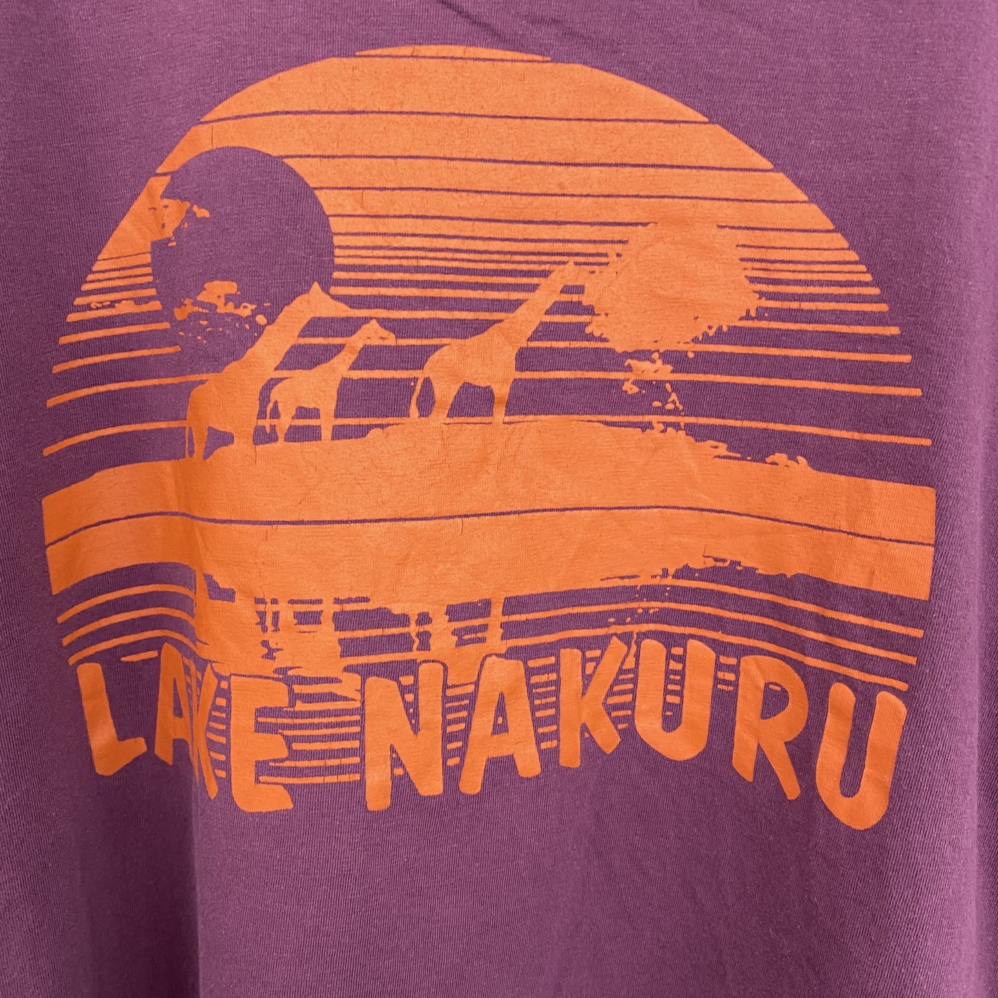 古着 used　半袖プリントTシャツ　ナクル湖　アフリカ　紫　パープル　クルーネック　レトロデザイン　Lサイズ